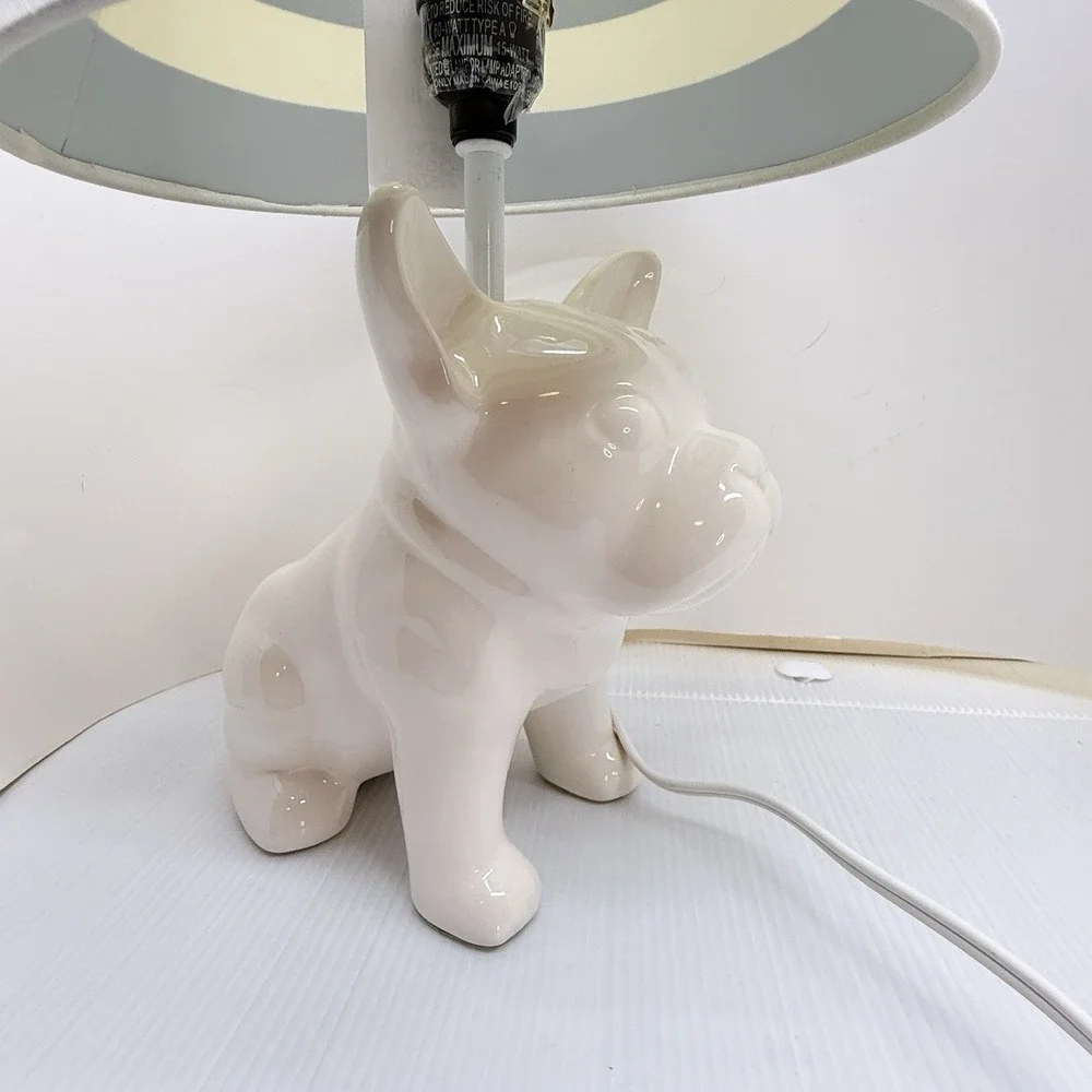 French Bulldog Table Lamp White Ceramic Dog Blue White Striped Shade 15